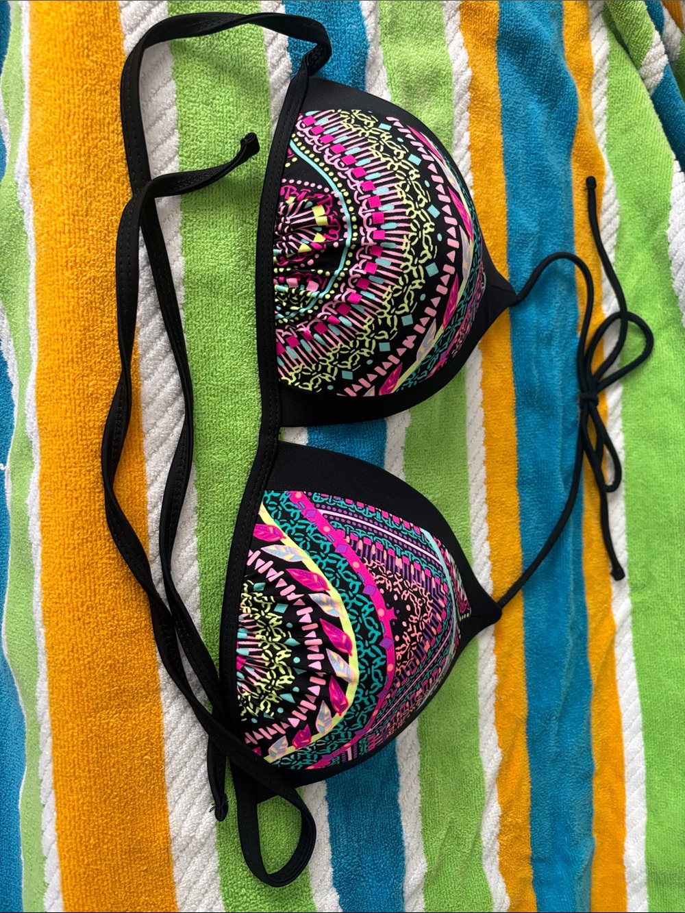 Black Multicolor Push-Up Halter Bikini Top - Women Swim